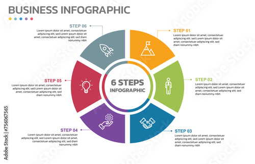 Visual data presentation. Cycle diagram with 6 options. Pie Chart Circle infographic template with 6 steps, options, parts, segments. Business concept. Marketing infographic vector illustration.