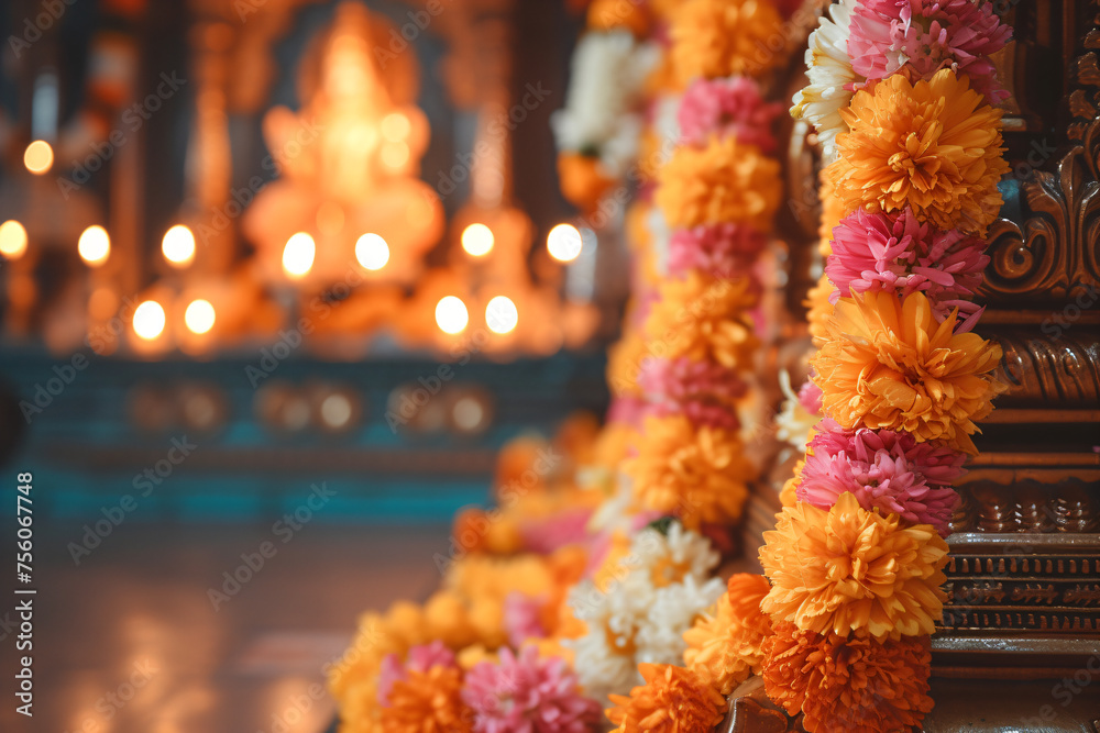 Traditional Indian floral garland toran made of marigold or zendu flower decorated temple or home. Happy Diwali festival, Pongal or Gudi Padwa. Decoration for Indian hindu holidays, wedding