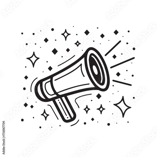 Megaphone in cartoon, doodle style . Image for t-shirt, web, mobile apps and ui. Isolated 2d vector illustration in logo, icon, sketch style, Eps 10, black and white. AI Generative