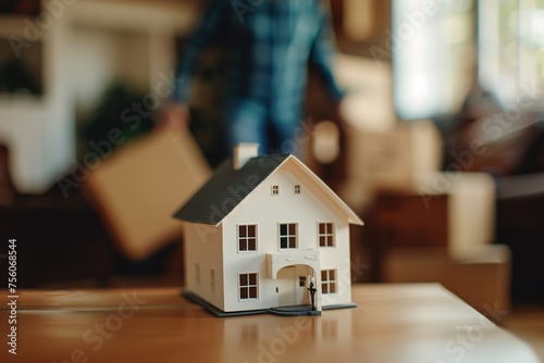 Miniature wooden toy house against the background of a man with boxes.