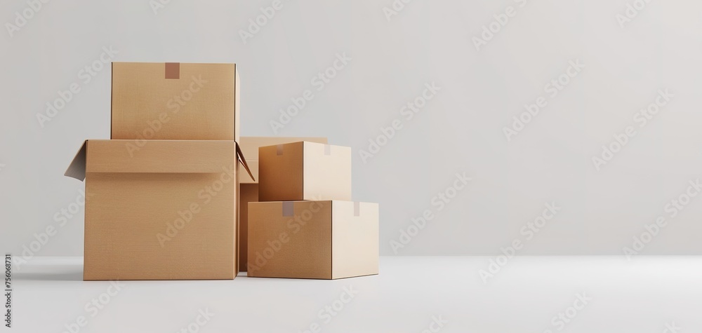 Cardboard boxes with stuff indoors, space for text. - obrazy, fototapety, plakaty 