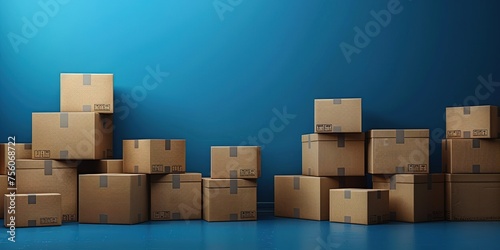 Cardboard boxes steps up for delivery or moving. Stack of boxes and blue background.