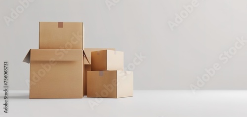 Cardboard boxes with stuff indoors, space for text. photo