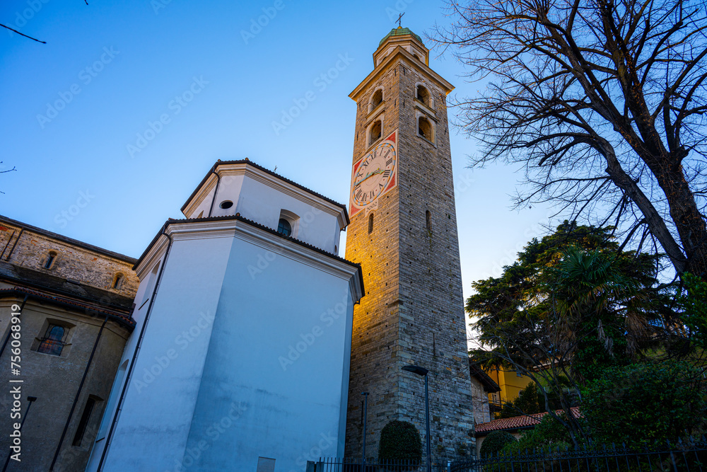 Historic Clock Tower at Dusk in Lugano, Switzerland