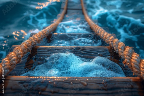 A close-up, captivating view of a wooden rope ladder submerging into the vast blue ocean, invoking a sense of mystery and exploration