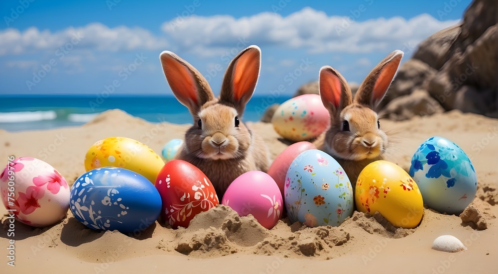 Easter eggs and rabbits painted on summer sand beaches Easter eggs and rabbits painted on summer sand beaches