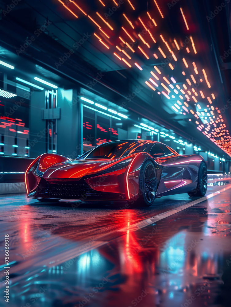 Futurism style ad for an electric sports car, speed and innovation merged