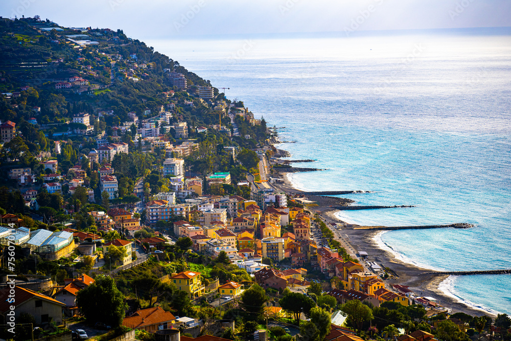 Sunlit Coastline of the Italian Riviera, Liguria, Italy