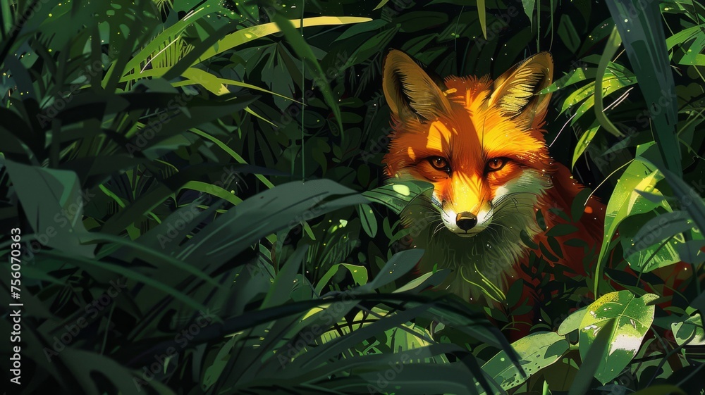 A fox with a coat as vibrant and segmented as a ripe mango, sneaking through a dense jungle,