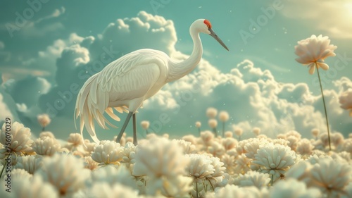 A crane standing in a rice paddy of marshmallow treats, photo