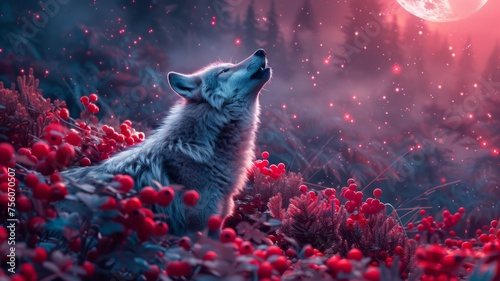 A wolf howling under a moon of white chocolate in a starry night of berries 