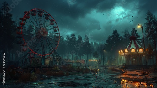 Abandoned amusement park with a ferris wheel at twilight