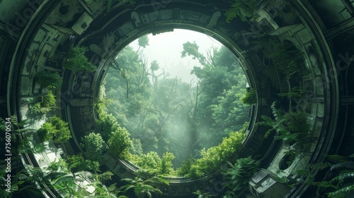 Abandoned spaceship with alien flora overtaking the interior,