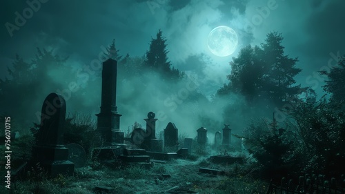 Moonlit graveyard with fog and ancient tombstones