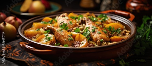 A comforting dish of chicken and potatoes is placed on a table  featuring ingredients like meat and produce. It is a delicious cuisine cooked with cookware and tableware
