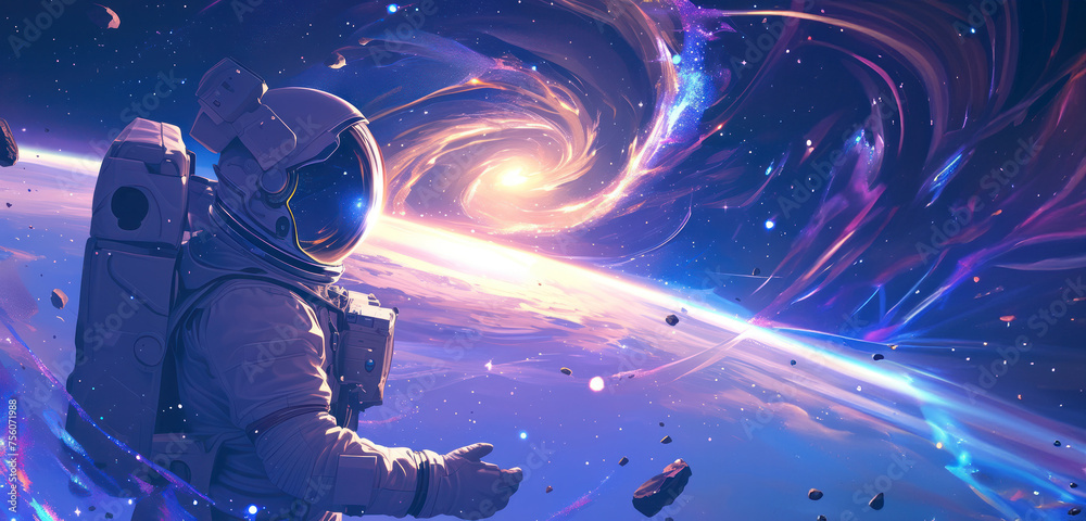 Fototapeta premium Astronaut Encounters the Spectacular Harmony of Space Colors in Vast Universe, Banner with copy space