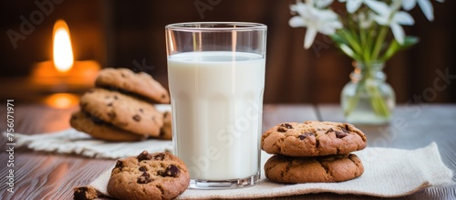 A glass of milk and chocolate chip cookies sit on a wooden table, accompanied by a small flowerpot. The staple food ingredients create a cozy setting for a delicious snack photo