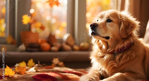 golden retriever puppy sitting on sofa, "Imagine a fluffy golden retriever, with a gentle gaze and a wagging tail, sitting in a cozy living room surrounded by warm, autumn colors. The sunlight streami