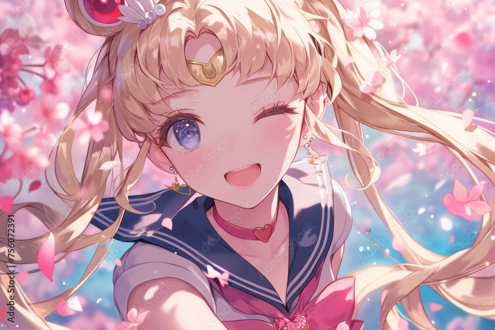 Anime Girl Smiling Radiantly Among Blossoming Cherry Trees Under Sunlight Anime Girl Smiling Radiantly Among Blossoming Cherry Trees Under Sunlight