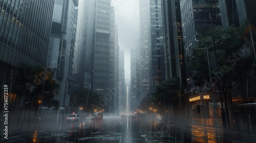 tall buildings  in a rainy city  generative ai