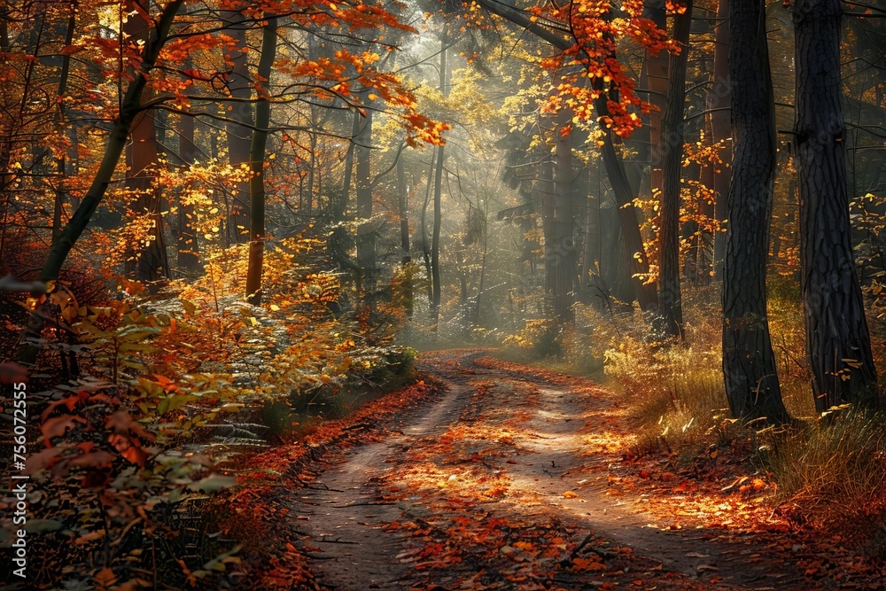 Magical autumn forest scene with vibrant foliage and a peaceful path winding through the woods Capturing the essence of fall's beauty.