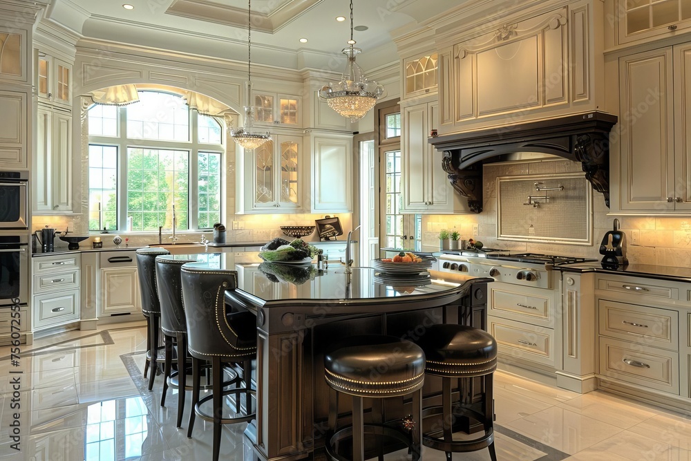 Luxury kitchen interior with a focus on the elegant kitchen island Showcasing modern design and high-end amenities