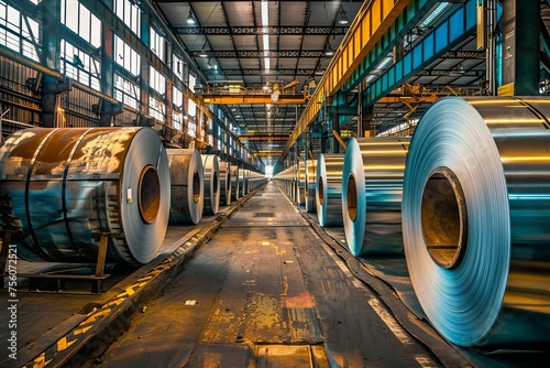 Interior shot of a steel factory with rolls of galvanized sheets Showcasing industrial strength and production