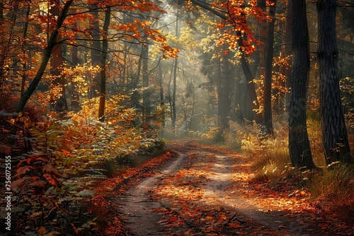 Magical autumn forest scene with vibrant foliage and a peaceful path winding through the woods Capturing the essence of fall's beauty.