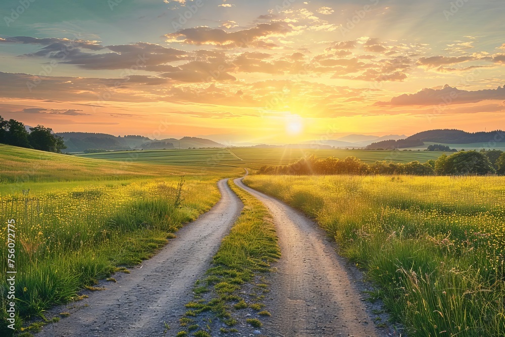 Panoramic view of a serene summer meadow at sunset With an empty road leading towards the horizon under a sky painted with soft Golden hues