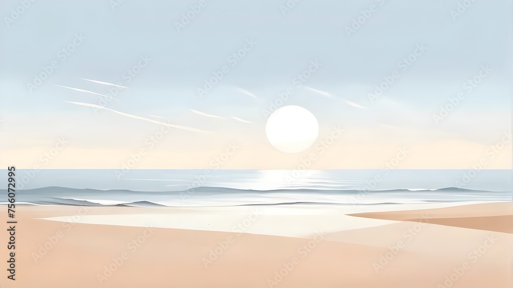 Calm Nature Background: A breathtaking sight of a sunset over the ocean, serene landscape with sand and soft morning light reflecting on the water, perfect for meditation, mindset, mindfulness
