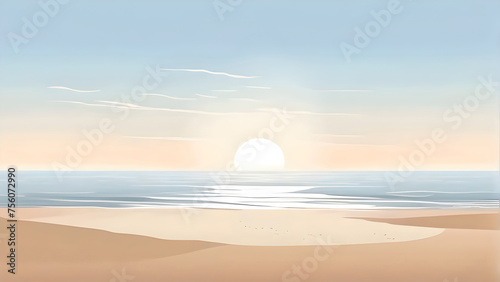 Calm Nature Background  The sun below the horizon of the ocean  casting warm hues across the sky and gentle waves  coast  shore  sand  tranquil scene  beauty of nature