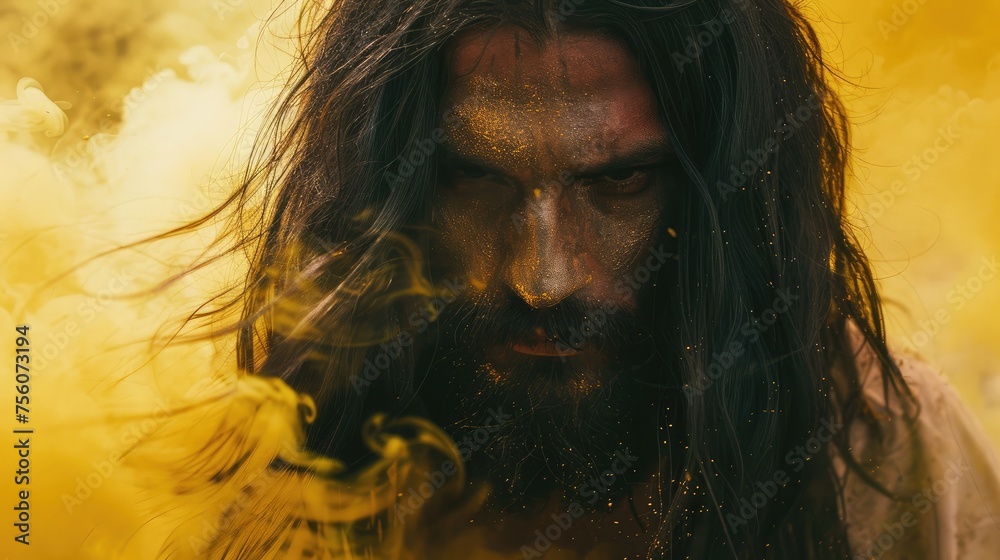 Religion concept, close-up image of Jesus Christ with long black hair and beard in yellow smoke.