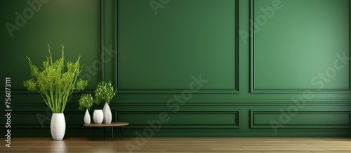 Modern green interior with wall panels and wooden floor. mock up. photo