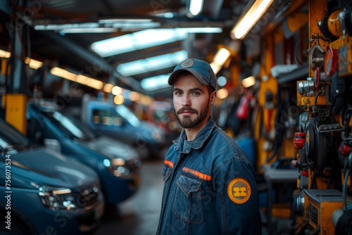 A male mechanic in a work uniform stands confidently in a well-equipped garage with blurred cars in the background