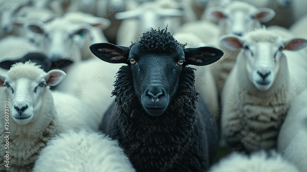 Fototapeta premium A black sheep among a flock of white sheep, raising head as a leader - Concept of standing out from the crowd, of being different and unique with its own identity and special skills among the others