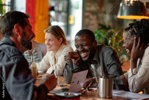 Happy businesspeople smiling cheerfully during a meeting in a creative office. Group of successful business professionals working as a team in a multicultural workplace.