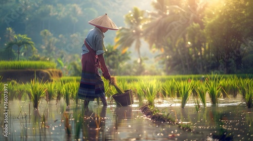 Asian chinese farmer workers working at rice farm fields and harvesting rice. vintage clothing with straw hats. beautiful sunrise in morning. pc desktop wallpaper background. photo