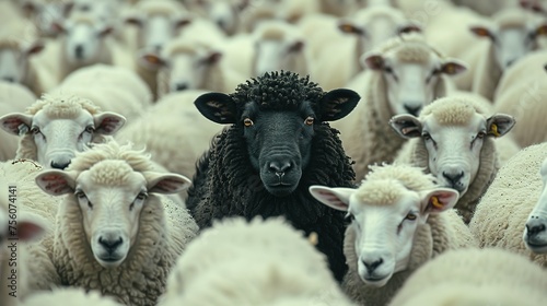 A black sheep among a flock of white sheep, raising head as a leader - Concept of standing out from the crowd, of being different and unique with its own identity and special skills among the others © Jennifer