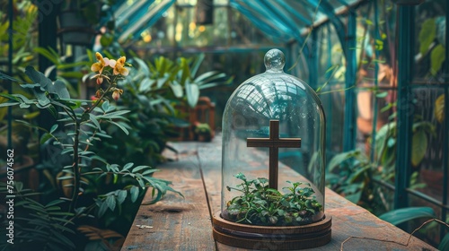 Glass dome with a cross inside placed on a wooden greenhouse table. photo