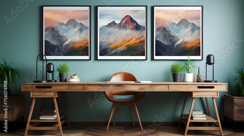 Modern Home Office with Mountain Triptych.  A stylish home office featuring a sleek wooden desk and chair set against a triptych of mountain landscapes, ideal for interior design and workspace  © Yuliia