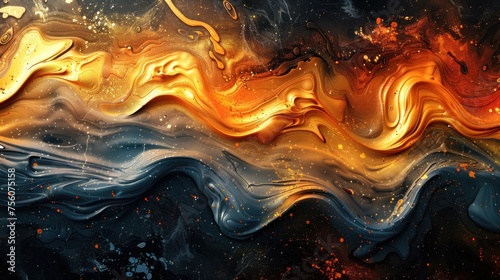 Vivid orange accents swirl through a black fluid art pattern, creating an intense and captivating abstract background.