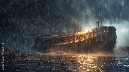Noah's Ark concept in the pouring rain during a storm.
