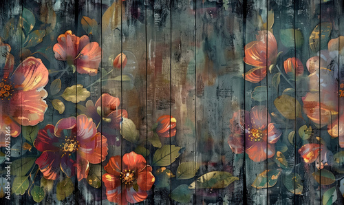 vintage floral painting on weathered wooden boards, srping vibe  