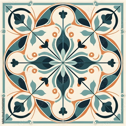 Mediterranean ornament on ceramic tiles, blue and orange colors photo