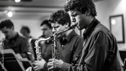 Monochrome Melodies  Dynamic Saxophone Player at a Jazz Music Festival.