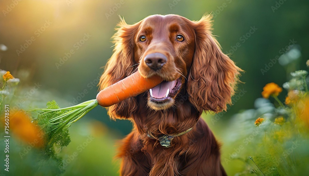 A cute Irish Setter dog with a big carrot on its mouth Vegan Power 
