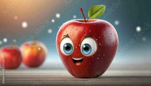 3D red apple funny cartoon character with eyes on white background