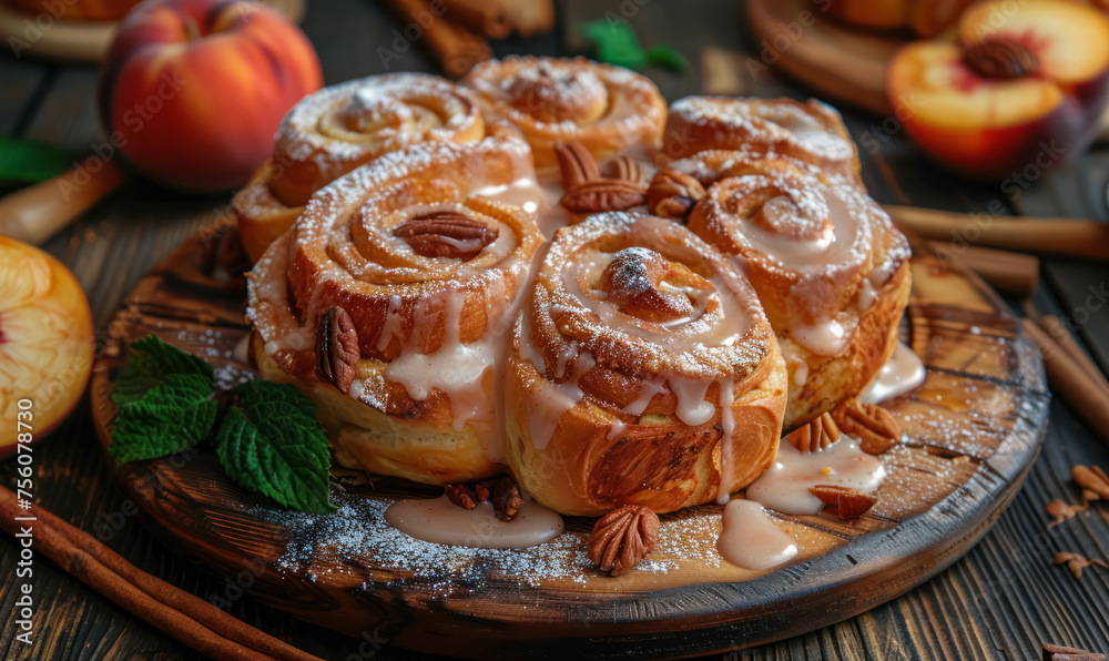 fresh pecan topped cinnamon buns on wood platter with peaches fresh pecan topped cinnamon buns on wood platter with peaches
