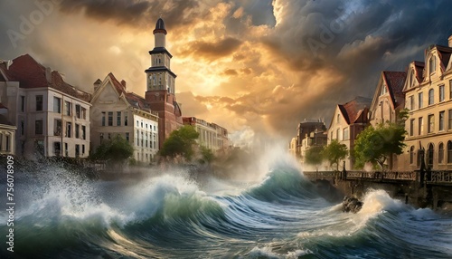Flooding city with turbulent waters from a tsunami Final Biblical Events of Revelation book 
