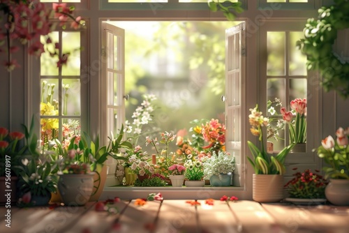 Open door with beautiful flowers in the garden, Spring background